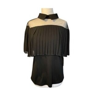 For Cynthia Chiffon Pleated Blouse Black Sheer Mesh Collard Short Sleeve Pull-Ov